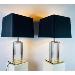 Pair Of Large Vintage Lamps From The 20th Century In Lucite, Chromed Metal And Brass