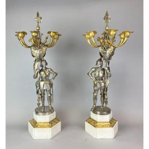 Pair Of Napoleon III Candelabras In Gilded And Silvered Bronze, 19th Century.