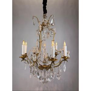 Chandelier In Gold Metal And Rock Crystal