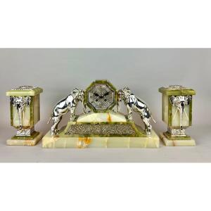 French Art Deco Onyx & Silver Plated Elephant Clock Garniture By Japy Frères, Circa 1930