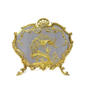 Chinoiserie-style Gilt Bronze Fire Screen/spark Guard, Late 19th Century