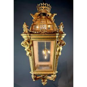 A Large Monumental Lantern In Gilded Wood. – Italy, Late 19th Century. H170 Cm!