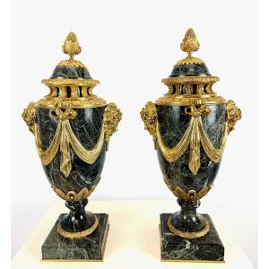 Pair Of Green Marble And Gilt Bronze Cassolettes, 19th Century