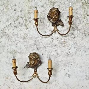 Antique Wooden Wall Lights With Angels