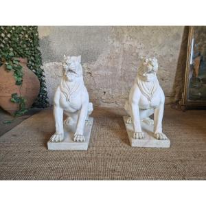 Pair Of Antique Marble Lion Statues, 1920