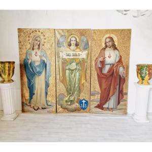 Antique Triptych Of Religious Oil Paintings On A Gold Background