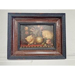 Antique Oil Painting Depicting Kittens, 19th Century, Signed Costa