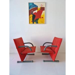 Pair Of Authentic Arflex Italy T-line Lounge Chairs, Postmodern Interiors From The Years
