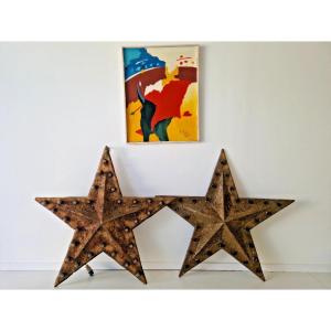 Pair Of Vintage Industrial Star-shaped Wall Sconces, Aged Gold Finish, Years