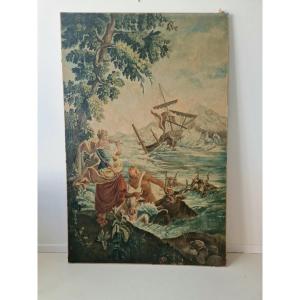 Large Antique Oil Painting Depicting A Famous Tapestry, A Work Of Art From The 19th Century.