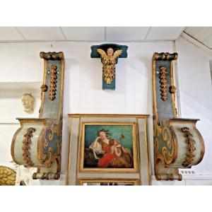 Pair Of 18th Century Gilded Wood Consoles, Antique Italian Rococo Shelves