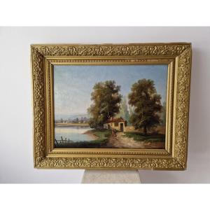 An Antique 19th-century Oil Painting Depicting A River Landscape, Signed By Lambert.
