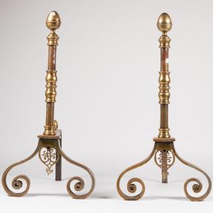 Paire de chenets en fer forgé et laiton, XIXe
