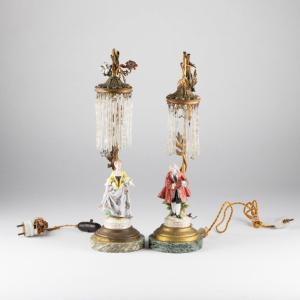 Pair Of Bedside Lamps, Porcelain And Glass, Late XIXth, Early XXth