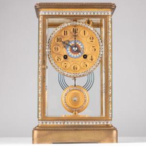 Pendule cage en bronze doré, émaux cloisonnés et strass, XIXe