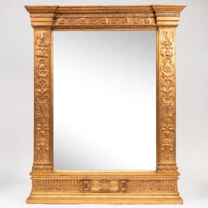 Mirror In An Architectural Gilded Wood Frame With Bas Relief Decoration, 19th Century