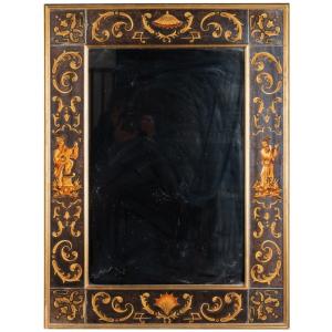 Miroir &eacute;glomis&eacute; &agrave; parcloses, encadrement en bois laqu&eacute; dor&eacute;, XXe