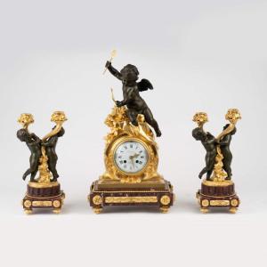 Guillaume Denière (1815-1901), Clock Set With Brown Patina And Gilded Bronze, XIXth