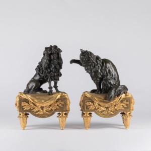 Pair Of "cat And Dog" Bronze Andirons With Double Patina, 19th