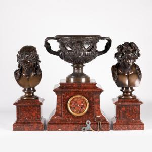 Ferdinand Barbedienne (1810-1892), Fireplace Decoration With Warwick Vase And Busts, 19th