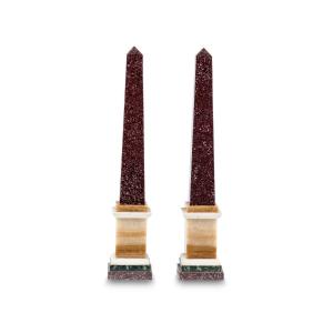 Paire d'ob&eacute;lisques en marbre porphyre, base en onyx, XIXe