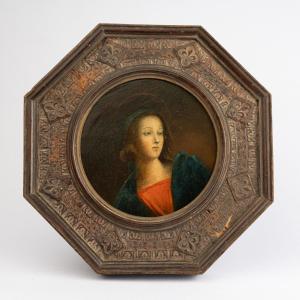 Portrait d'un Saint, huile sur panneau, cadre en tondo dans en bois sculpté, XIXe