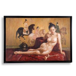 Zen Li (?-?), Jeune femme nue et chevaux, huile sur toile, daté 94
