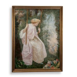 El&eacute;gante sur une balan&ccedil;oire, huile sur toile, d&eacute;but XXe