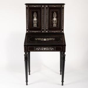 Charles Hunsinger (1823-1893), Bonheur Du Jour In Ebony And Ivory Inlays, 19th Century