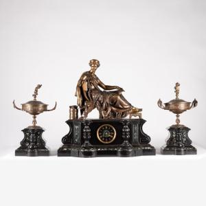 Fireplace Set "woman In The Antique” In Gilded Bronze And Marble, 19th