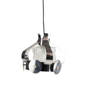 Space Age Chandelier In Engraved Glass And Silver Metal, 20th Century