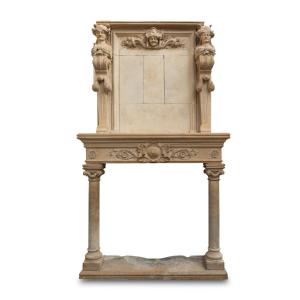 Chemin&eacute;e et son trumeau en pierre richement sculpt&eacute;, XIXe