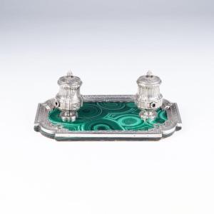 Guillemin Frères, Double Inkwell In Silver And Malachite Veneer, 19th Century