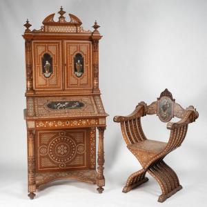 Attribué à Adriano Brambilla (1829-1885), scriban et fauteuil Dagobert en marqueterie, XIXe