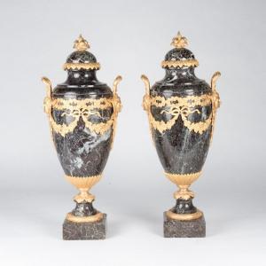 Pair Of Cassolettes In Green Marble From The Pyrenees And Gilt Bronze, XIXth