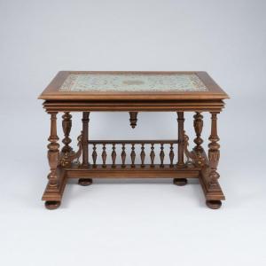 Neo-renaissance Table In Carved Walnut And Longwy Enamel Top, 19th Century