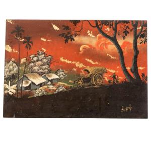 Lacquered Wooden Panel "the Village", Vietnam, 20th Century