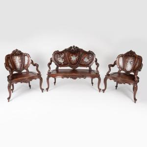 Indochinese Living Room Furniture In Exotic Wood Inlaid With Mother-of-pearl, 1900