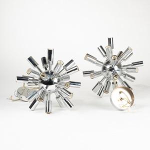 Pair Of Futuristic Chrome Metal Pendant Lights, 20th Century