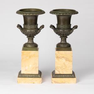Pair Of Cassolettes In Yellow Sienna Marble And Bronze, 19th