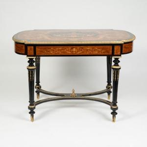 Center Table In Precious Wood Marquetry And Gilt Bronze, 19th