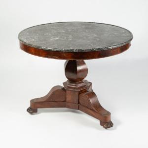 Round Middle Pedestal Table In Mahogany Veneer And Marble Top, 19th
