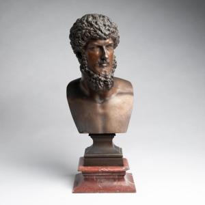 Bust Of Emperor Lucius Verus (130-169) In Bronze With Brown Patina, 19th