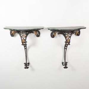 Pair Of Wall Consoles In Gilded Wrought Iron And Sea Green Marble, 19th