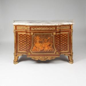 Chest Of Drawers In Precious Wood Marquetry, Gilded Bronze And Campan Marble, 19th
