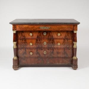 Empire Style Chest Of Drawers In Burl Mahogany Veneer, 19th 