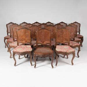 Set Of 18 Carved And Caned Walnut Chairs, 19th