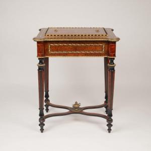 Jardiniere In Burl Veneer, Fruitwood Fillets, Mother-of-pearl And Brass, XIXth