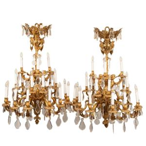 Pair Of Gilt Bronze Chandeliers With Putti, XXth