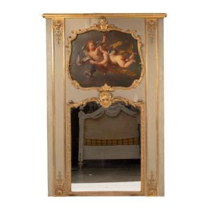 Louis XV Style Trumeau In Lacquered And Gilded Wood, Oil On Canvas With Cherubs, 19th